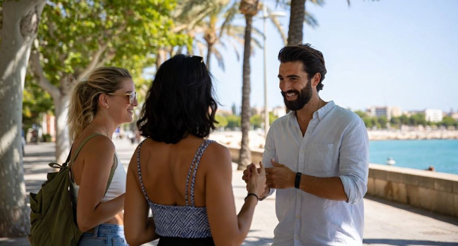 Teilnehmer im Gespräch an der Strandpromenade während eines Spanisch-Bildungsurlaubs in Valencia, Spanien